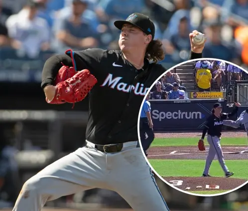 Ryan Weathers se encontraba calentado para lanzar la primera entrada, cuando fue noqueado inesperadamente por su compañero.