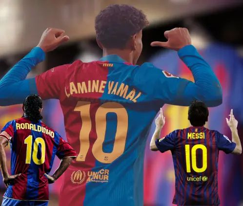 Lamine Yamal, Lionel Messi y Ronaldinho. Imágenes de referencia. Canva Images. Lamine Yamal, Lionel Messi y Ronaldinho. Imágenes de referencia. Canva Images.