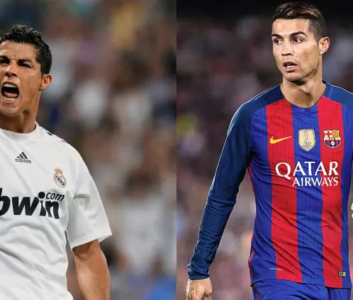 Cristiano Ronaldo con Real Madrid y Barcelona. Canva images.