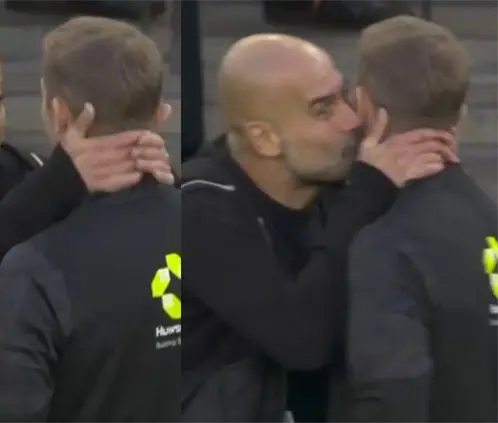 Pep Guardiola reclama al árbitro y lo termina besando (Foto: Transmisión Manchester City vs Arsenal) Pep Guardiola reclama al árbitro y lo termina besando (Foto: Transmisión Manchester City vs Arsenal)