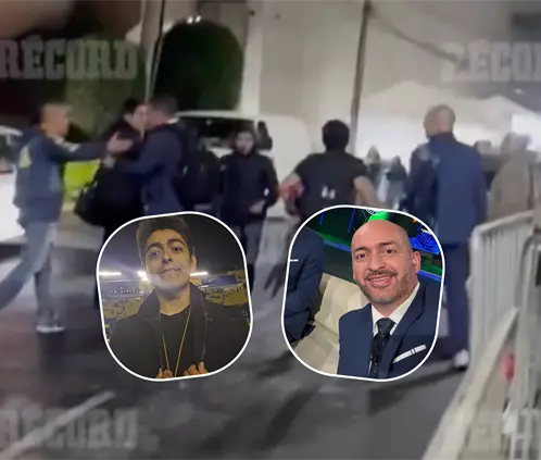 Marco Cancino y Juan Guzmán Gasso se pelean tras el Clásico Capitalino (Foto: Récord) Marco Cancino y Juan Guzmán Gasso se pelean tras el Clásico Capitalino (Foto: Récord)